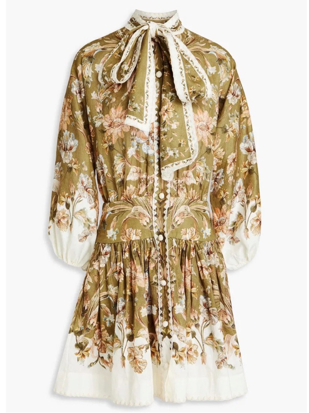 Zimmermann Olive Floral Tie-Bow Mini Dress